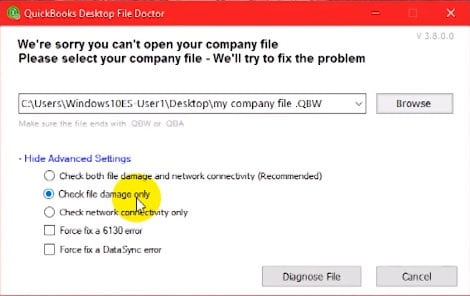 QuickBooks File Doctor Check Damage File - Screenshot