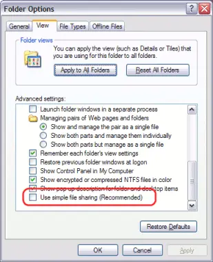 Turn off simple file sharing - Error 1303