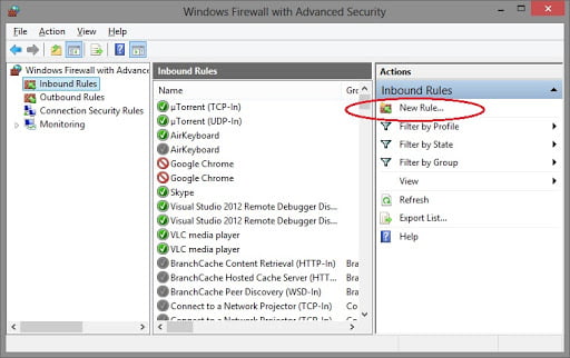 Create a new rule in firewall settings - Screenshot