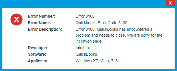 quickbooks error code 3100 - screenshot