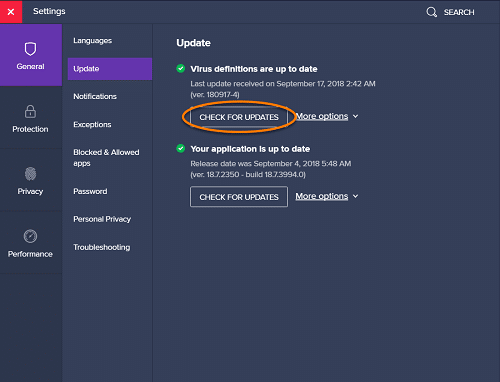 Update the Avast Virus Definition & Program - Screenshot