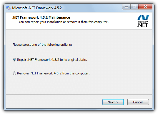 Repair or Reinstall Microsoft.Net Framework - Screenshot