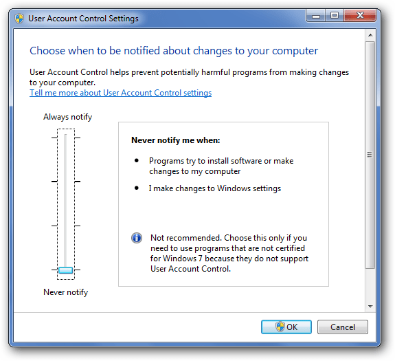 Turn Off UAC in Windows - Screenshot
