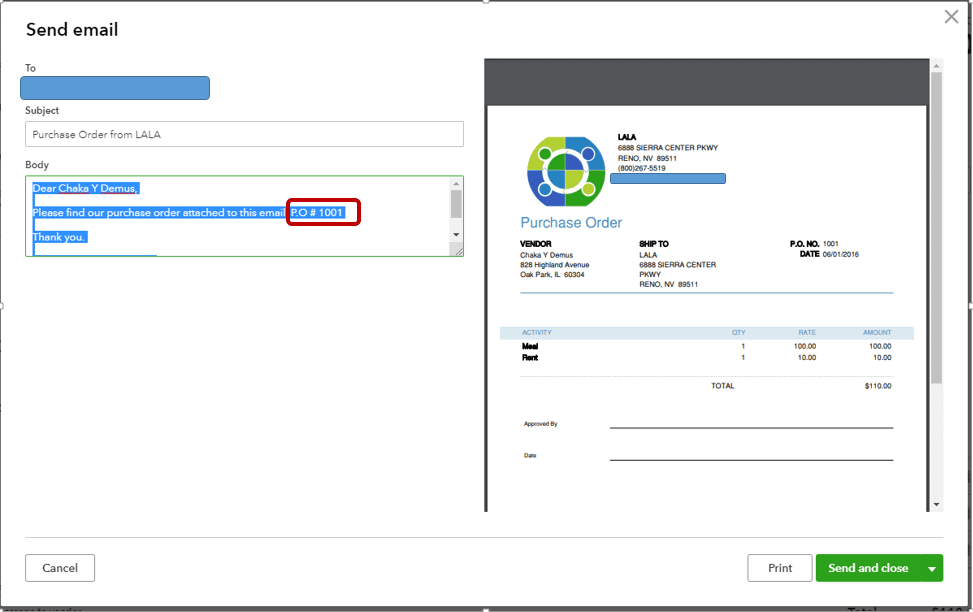Adding the customer’s purchase order number to the subject line of the email - Screenshot