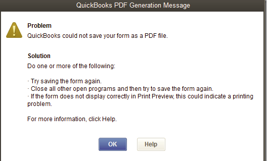 QuickBooks PDF Generation error message - Screenshot