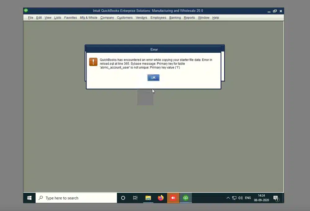 Error in reload.sql in QuickBooks