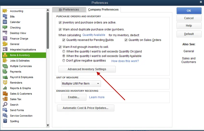 Advanced Inventory Settings- Set up landed cost in QuickBooks enterprise