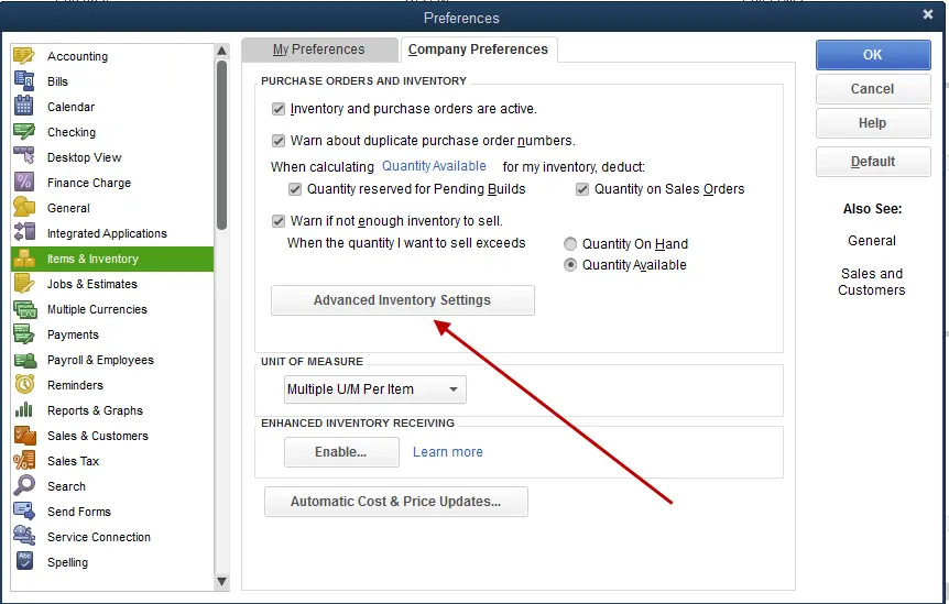 Advanced inventory settings - Set up landed cost in QuickBooks