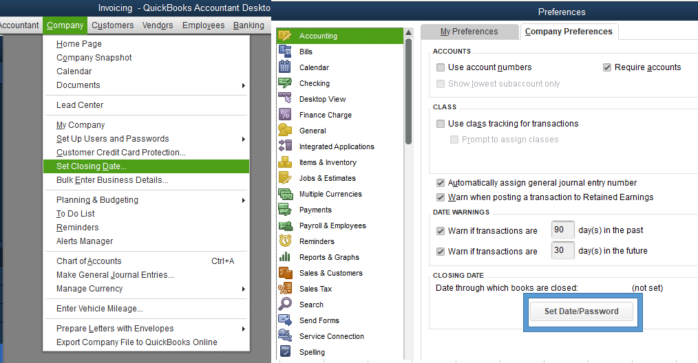 Close books in QuickBooks desktop -set date